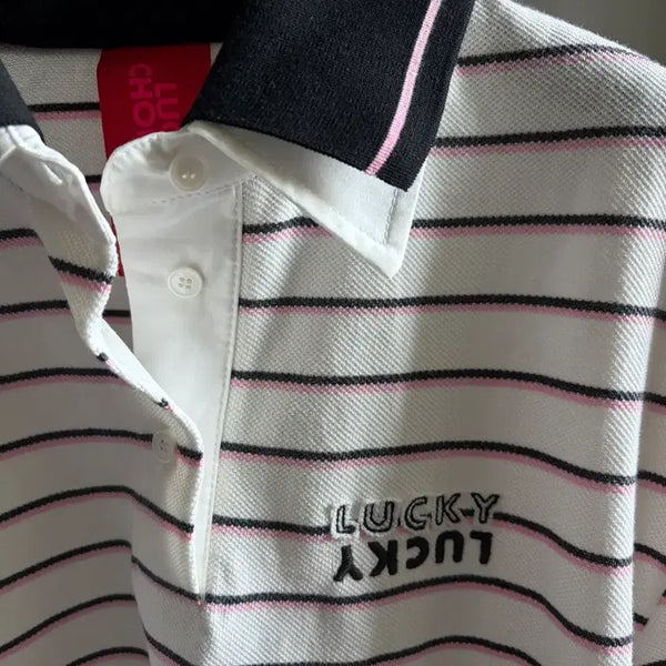 [BUNJANG] Lucky Chouette Striped Collar T-Shirt with Shirt Layering Detail / 럭키슈에뜨 셔츠레이어드 카라티