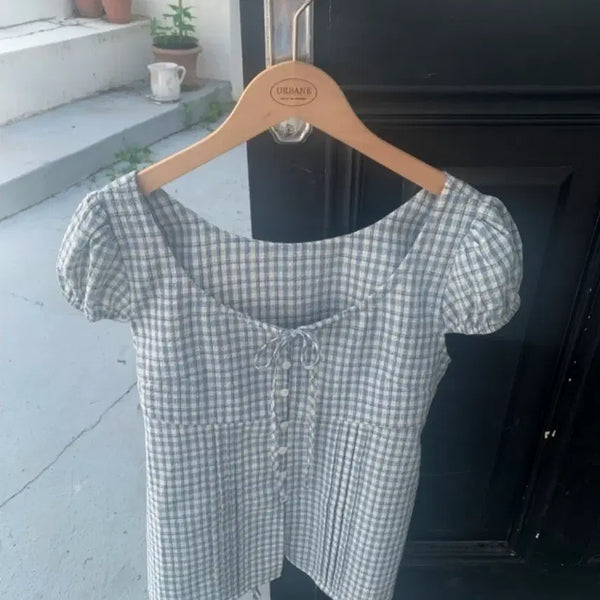 [BUNJANG] Check Puff Sleeve Blouse / 체크무늬 퍼프 블라우스