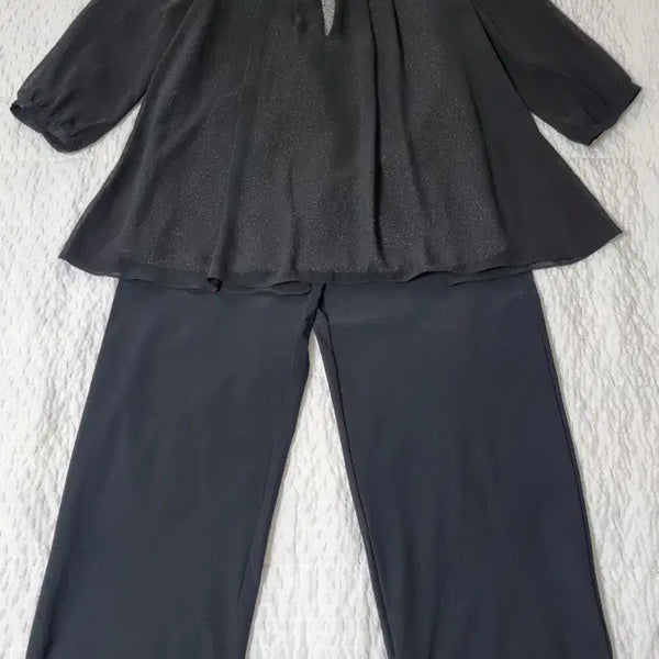[BUNJANG] Chateaine Black Chiffon Pearl Blouse and Wide Pants Set / 블랙 쉬폰 펄블라우스와 와이드팬츠