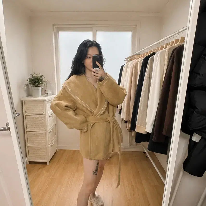 [BUNJANG] Beige Camel Belted Wool Half Coat / 베이지 카멜 컬러 벨티드 울 하프코트