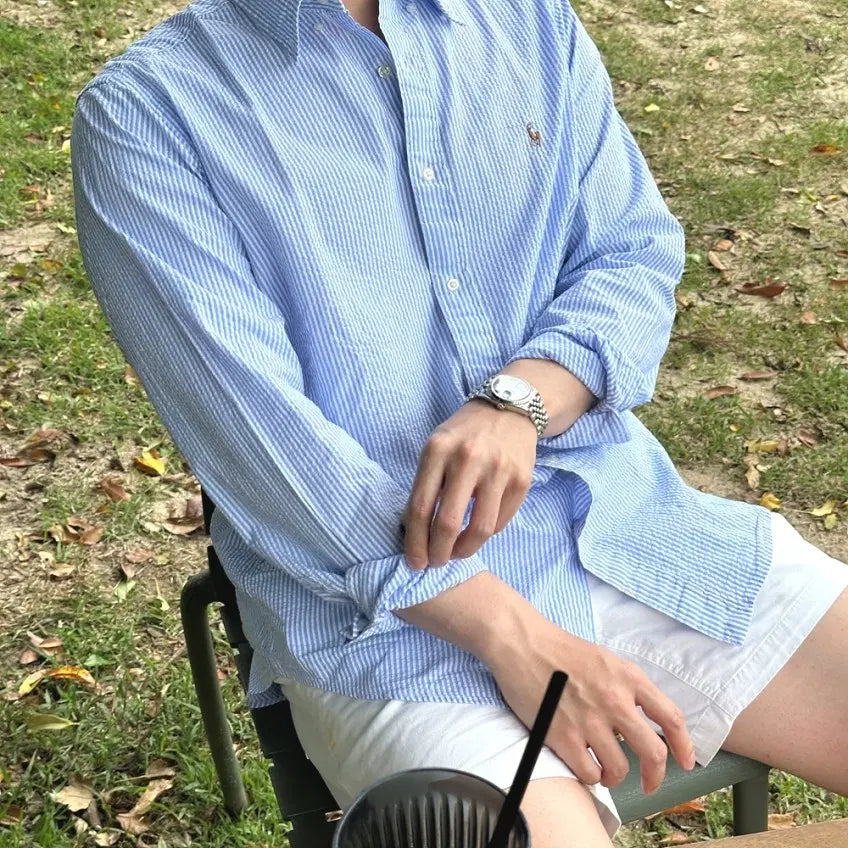 [BUNJANG] Polo Ralph Lauren Seersucker Classic Fit Shirt Medium Sky Blue / 폴로 랄프로렌 시어서커 셔츠 M사이즈 클래식핏 새상품