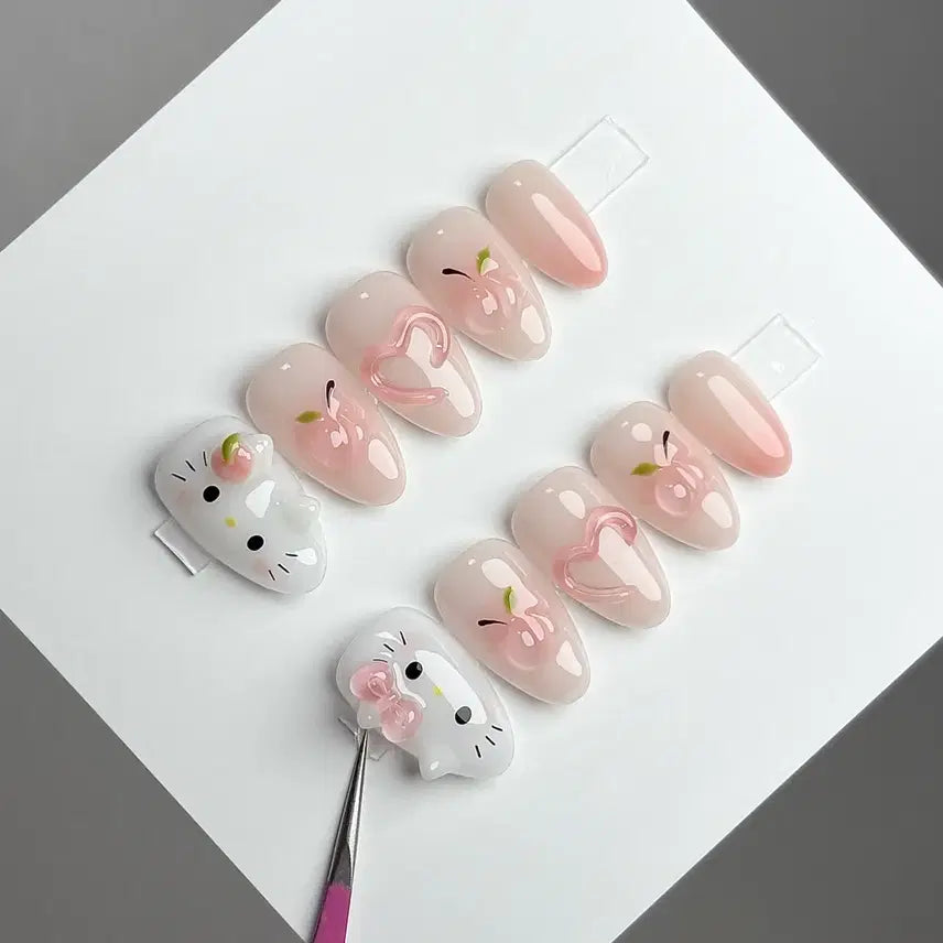 [BUNJANG] Handmade Peach Kitty Nail Tips / 복숭아키티 수제네일팁