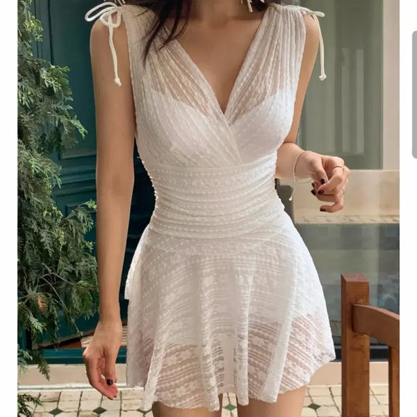 [BUNJANG] White Lace See-through Ribbon Strap Wrap One-Piece Swimsuit / 체형커버 화이트 레이스 시스루 리본스트랩 랩원피스 수영복