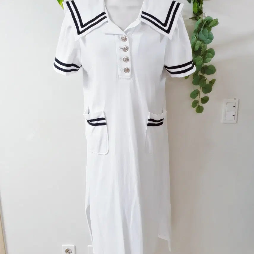 [BUNJANG] Jullogue Sailor Collar Long Dress (White, L) / 줄로그 세일러카라 롱원피스 77 피케티원단 화이트