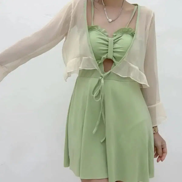 [BUNJANG] Mint Green One-Piece Swimsuit with Cardigan Set / 연두색 원피스 수영복 가디건 세트 M