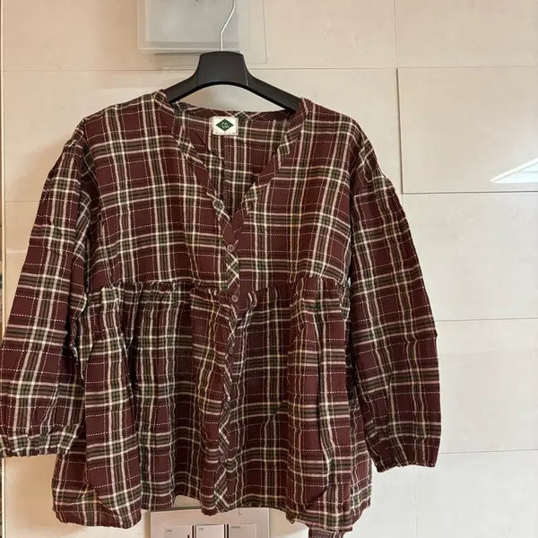 [BUNJANG] Brown Check Blouse / 브라운 체크 블라우스