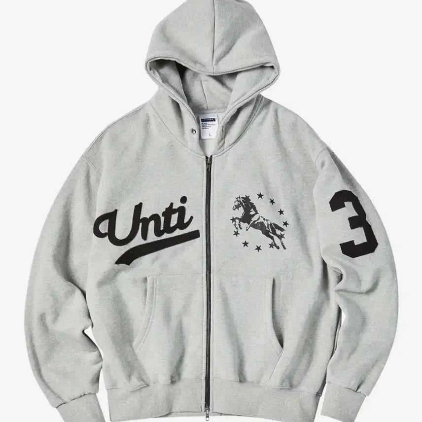 [BUNJANG] UNTITLED Seoul Unicorn Varsity Emblem Fleece Hoodie Zip-up Grey M / (오늘만) 언타이틀 서울 유니콘 바시티 엠블럼 기모 후드 집업 그레이 M