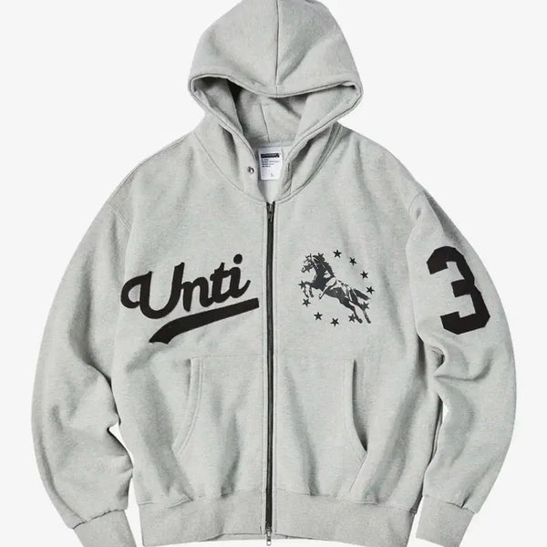 [BUNJANG] UNTITLED Seoul Unicorn Varsity Emblem Fleece Hoodie Zip-up Grey M / (오늘만) 언타이틀 서울 유니콘 바시티 엠블럼 기모 후드 집업 그레이 M