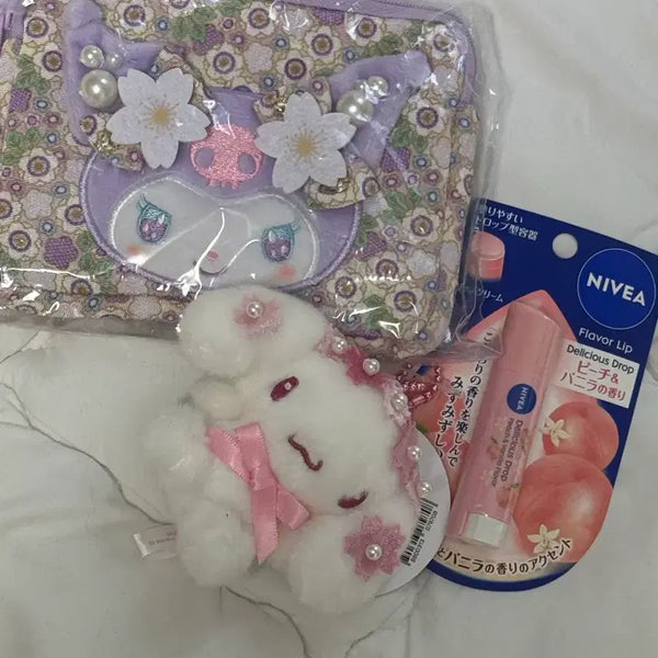[BUNJANG] Genuine Kuromi Wagara Pouch & Nivea Peach Lip Balm Bundle Set / 정품 쿠로미 와가라 파우치+니베아 피치 일괄
