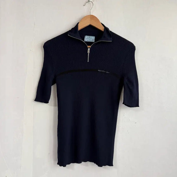 [BUNJANG] Prada Milano Navy Half-Zip Short-Sleeve Knit Top / 프라다 밀라노 네이비 반집업 반팔 니트 90사이즈