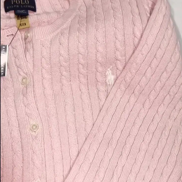 [BUNJANG] Polo Ralph Lauren Pink Strawberry Cable Knit Cardigan Girls' L / 폴로 랄프로렌 핑크 딸기우유 케이블 가디건 걸즈L (새상품)