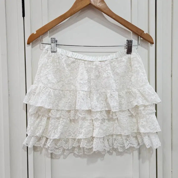 [BUNJANG] Vintage Japanese Ivory Lace Tiered Culottes Skirt / 일본 빈티지 아이보리 레이스 캉캉 큐롯팬츠