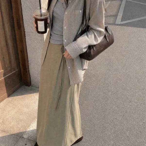 [BUNJANG] Minimalist H-Line Wrap Long Skirt (Beige, XL) / [새상품] 미니멀 H라인 랩 롱 스커트(베이지, XL)