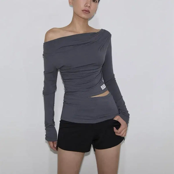 [BUNJANG] Inegi Blue-Grey Kaul Drape Slit Top / 무료배송 블루그레이 이네기 카울 드레이프 슬릿탑 inegi 티셔츠 슬리브 오프숄더 top