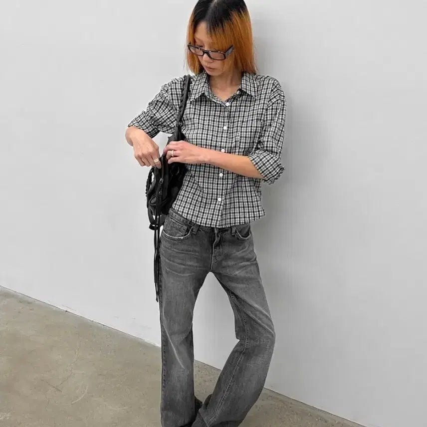 [BUNJANG] Black Up Unveil Check 7-Part Sleeve Shirt / 블랙업 언베일 체크 7부 셔츠 #블랙