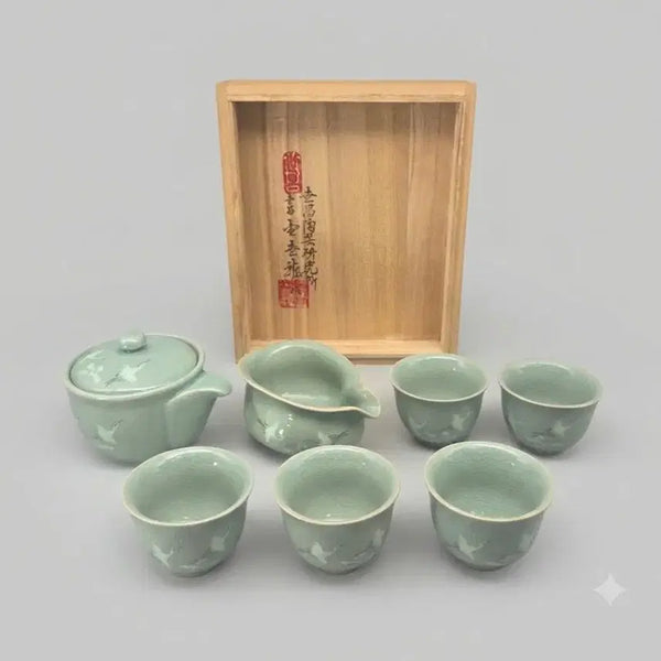 [BUNJANG] Master Kim Se-yong Celadon Inlaid Crane & Cloud Tea Set (5-Person) / 도자기 차도구 명장 제349호 세창 김세용 청자 상감 운학문 다기 5인셋
