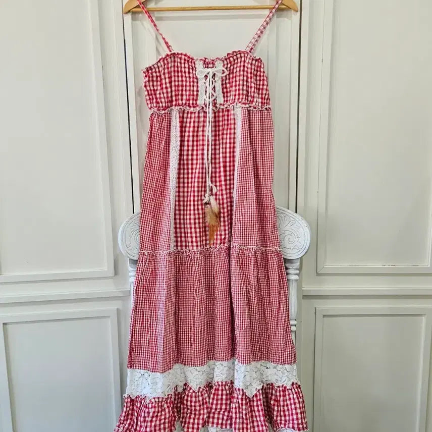 [BUNJANG] Red Gingham Lace Corset Long Dress / 레드 깅엄체크 레이스 코르셋 롱 원피스