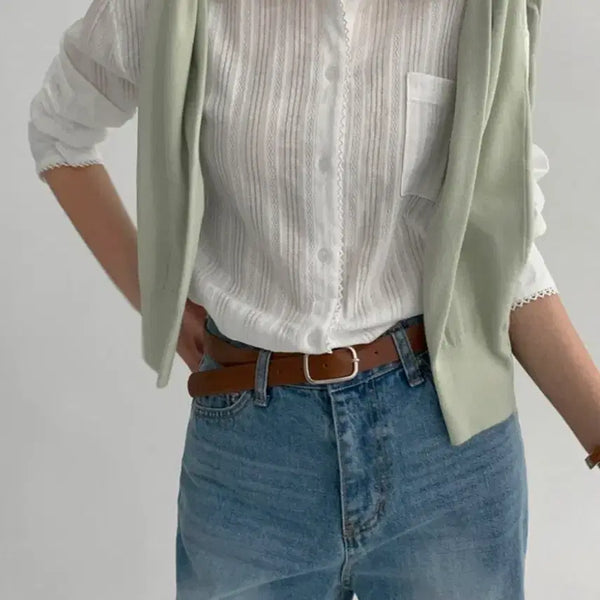 [BUNJANG] Robynyu Seolleim Lace Pocket Collar Blouse - White / 로빈유 설레임 레이스 포켓 카라 블라우스 #화이트