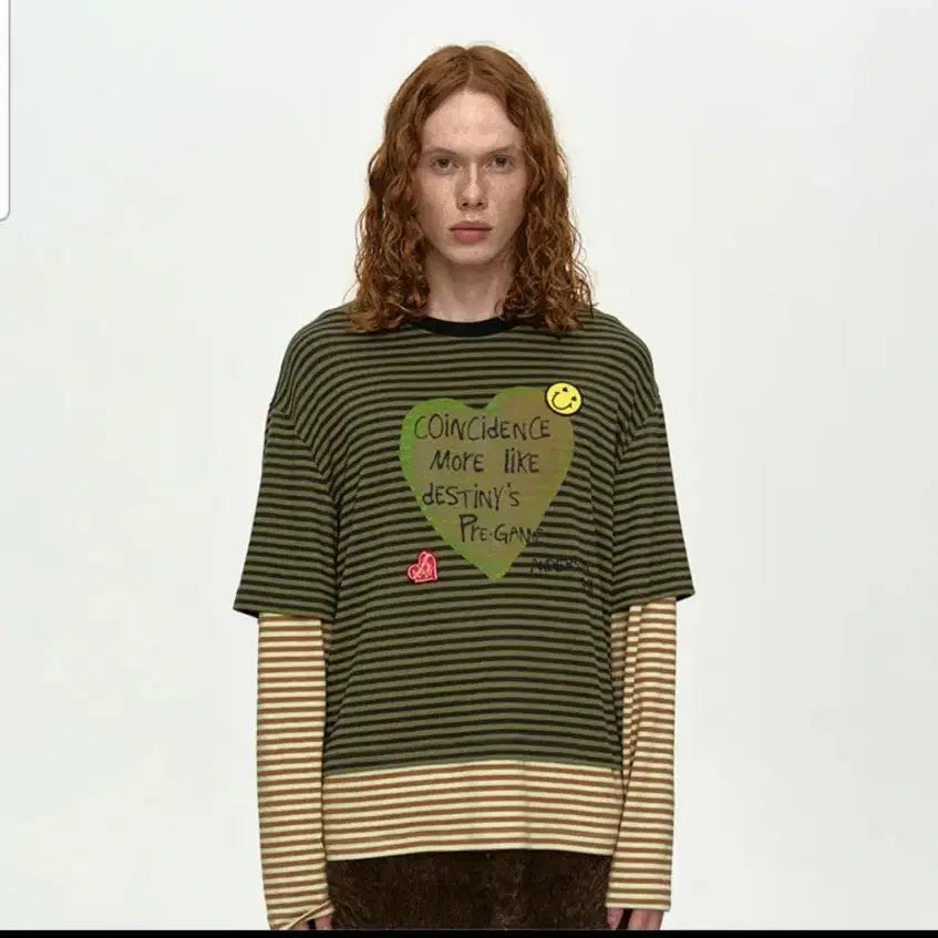 [BUNJANG] Andersson Bell Unisex Heart Message Stripe Layered T-Shirt / 앤더슨벨  유니섹스 하트 메세지  스트라이프  레이어 티셔츠