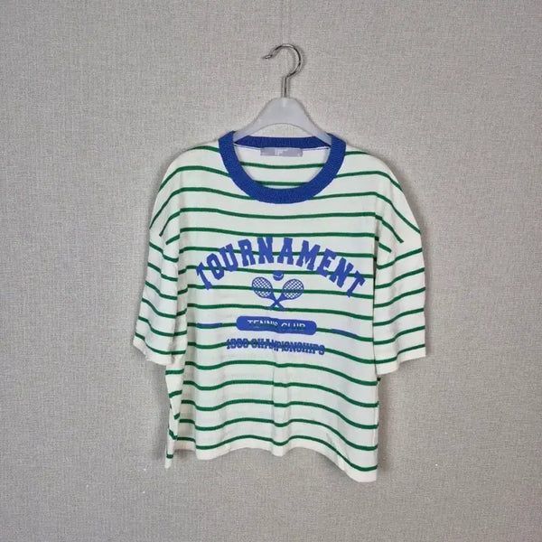 [BUNJANG] 8 Seconds Ivory Green Striped Short Sleeve T-Shirt / (#77,88추천)아이보리 그린단가라 블루프린팅 반팔티