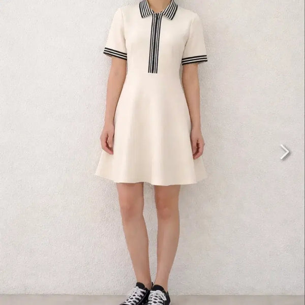 [BUNJANG] Sandro Ribbed Collar Dress Beige/Black Stripe Size S / 산드로 단색 골지 카라 원피스 S