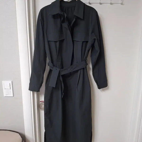 [BUNJANG] Midi Shirt Dress with Belt - Black / 셔츠형원피스 55~66반