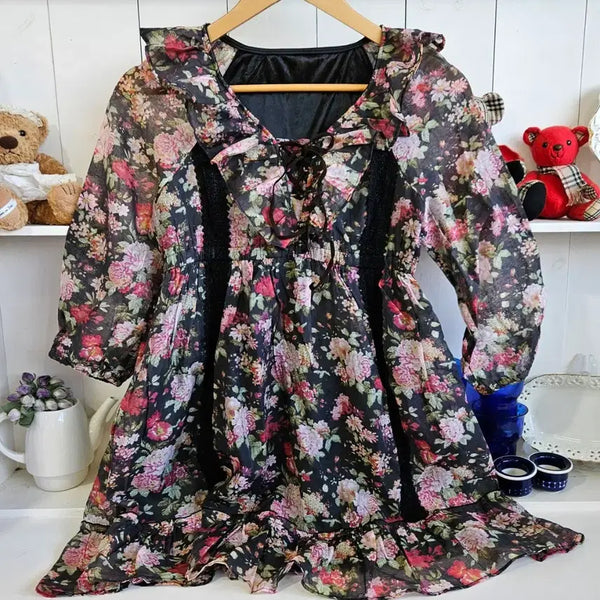 [BUNJANG] INGNI Black Flower Chiffon Frill Dress / INGNI 블랙 플라워 쉬폰 프릴 원피스