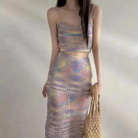 [BUNJANG] Rainbow Knit Two-Piece Resort Look / 레인보우 니트 투피스 휴양지룩