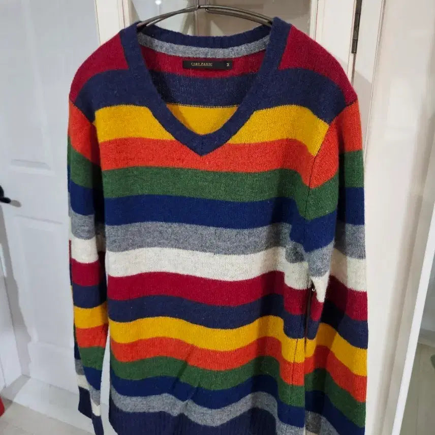[BUNJANG] Men's 100% Wool V-Neck Striped Knit Sweater / 남자 니트티 울100