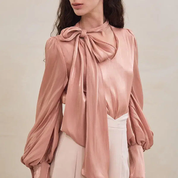 [BUNJANG] GRACE U Daisy Satin Puff Blouse Rose Pink / 그레이스유 GRACE U daisy 데이지 새틴 퍼프 블라우스 로즈핑크 리본 타이 진주단추 셀프웨딩 결혼식 하객룩