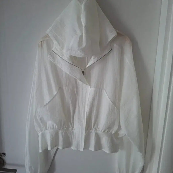 [BUNJANG] White Hooded Zip-Up Windbreaker / 화이트 후드 집업 바람막ㅇ