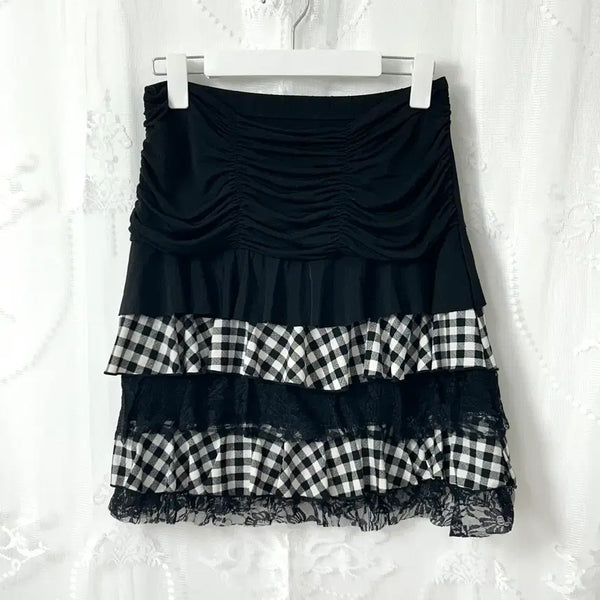 [BUNJANG] Check Lace Layered Skirt - Gothic Punk Style / 체크레이스 레이어드 스커트 고스 펑크