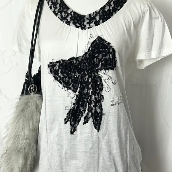 [BUNJANG] Lace Ribbon Gal Subtle Short Sleeve Top / 레이스 리본 갸루깔 반팔 탑