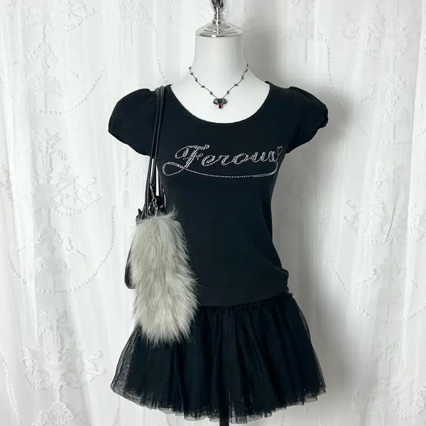 [BUNJANG] Romantic Gyaru Cubic Puff Short Sleeve Top / 큐빅 로맨틱갸루 퍼프 반팔