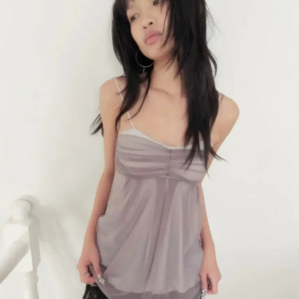 [BUNJANG] Rouge Sleepover Mesh Fluff Mini Top Fog Gray / 루즈슬립오버 메쉬 플러프 미니 탑 포그 그레이