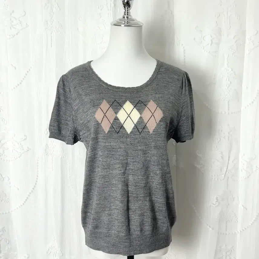 [BUNJANG] Pink Argyle Grey Knit Short Sleeve Top / 핑크아가일 그레이 로걀 니트반팔