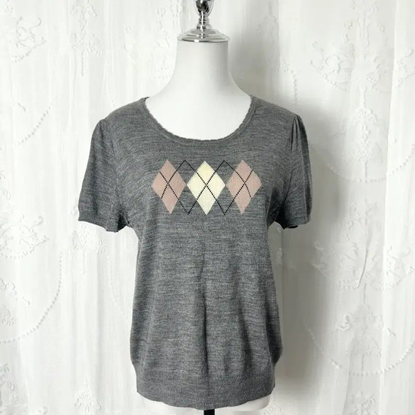 [BUNJANG] Pink Argyle Grey Knit Short Sleeve Top / 핑크아가일 그레이 로걀 니트반팔