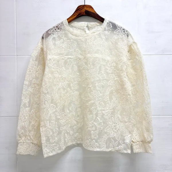[BUNJANG] Ivory Organza See-through Lace Embroidered Blouse / 오간자 시스루 아이보리 레이스 자수 블라우스 F JPN
