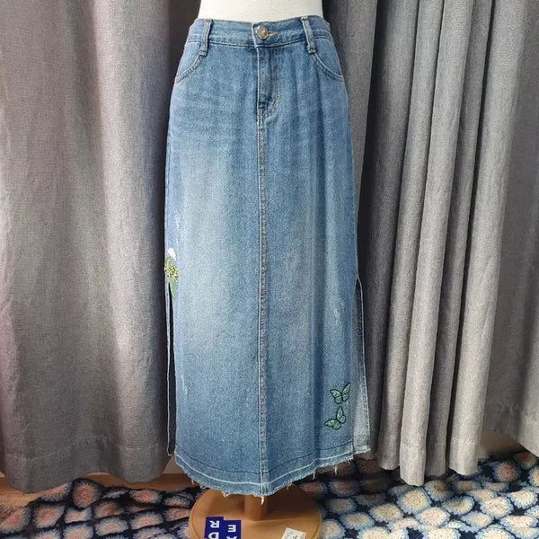 [BUNJANG] M-Banding Embroidered Denim Long Skirt / M밴딩 자수 데님 롱스커트
