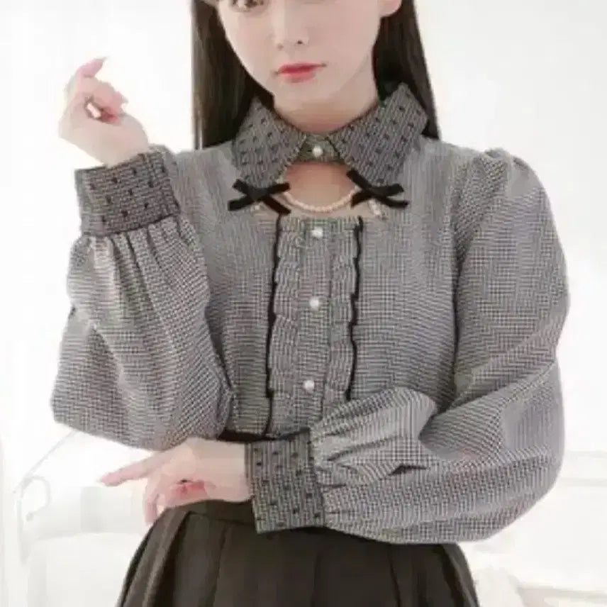 [BUNJANG] Pal's Houndstooth Check Chidori Blouse / 팔엘피 하운드투스 체크 치도리 블라우스 양산형지뢰계