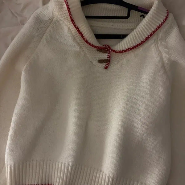 [BUNJANG] Ivory Knit Sweater with Red Stitching Detail / 니트 스웨터 아이보리