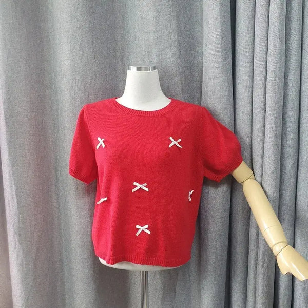 [BUNJANG] Ribbon Red Short Sleeve Knit / 리본 레드 반팔니트