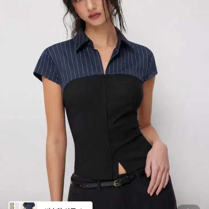 [BUNJANG] Cider Stripe Colorblock Short Sleeve Shirt Blouse / 스트라이프 컬러블록 반팔 셔츠 블라우스 (cider 샵사이다)