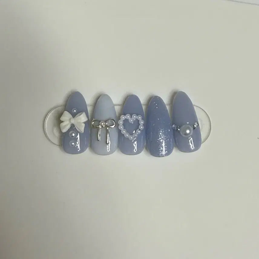 [BUNJANG] Handmade Blue Ribbon Nail Tips / 블루 리본 수제네일팁