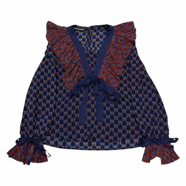 [BUNJANG] Lucky Chouette Ruffle Ribbon Blouse Navy / 럭키슈에뜨 러플 리본 블라우스 네이비 36