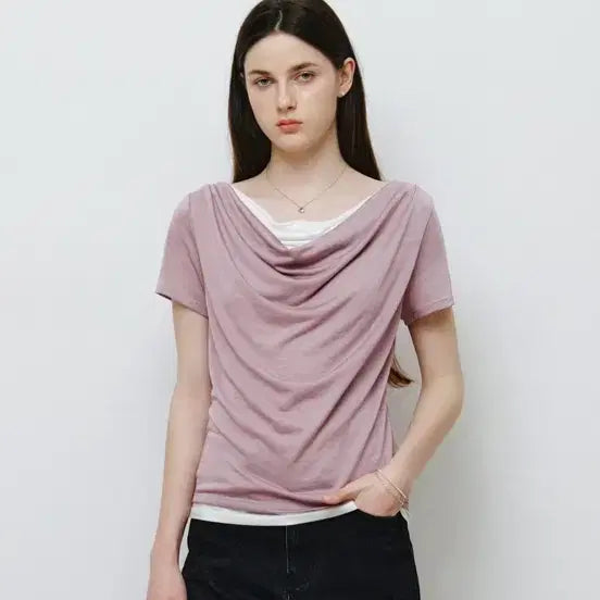 [BUNJANG] Mongdol Drape Neck Layered Short Sleeve T-Shirt - Lavender / 몽돌 드레이프 넥 레이어드 반팔 티셔츠 라벤더 MDTS09