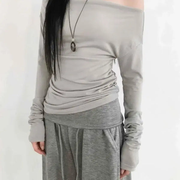 [BUNJANG] BAS Side Shirring Off-Shoulder T-Shirt Beige / 급처) [바스] 사이드 셔링 오프숄더 T 베이지