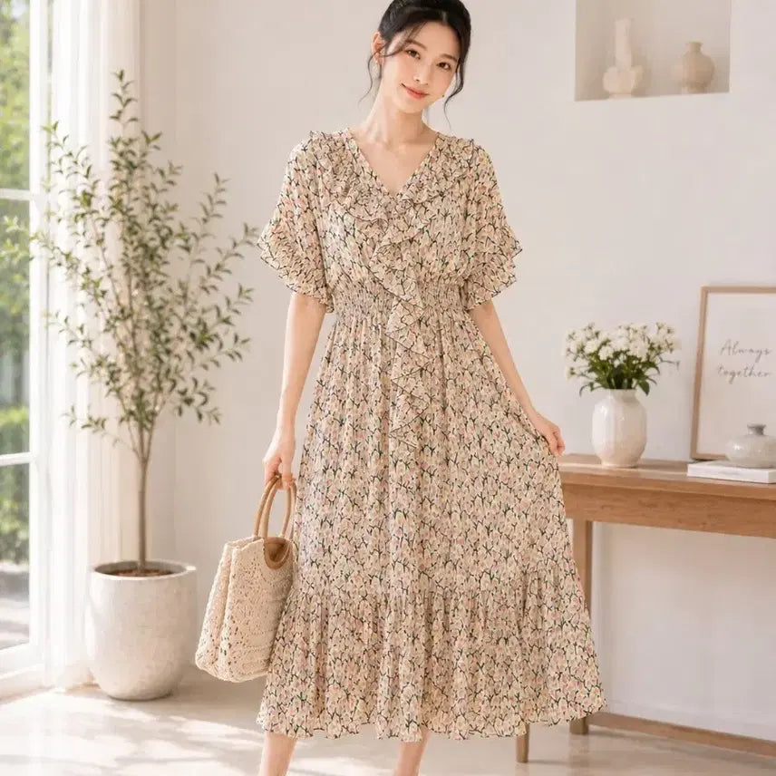 [BUNJANG] Flower Pattern Frill Chiffon Long Dress / 플라워 패턴 프릴 쉬폰 원피스