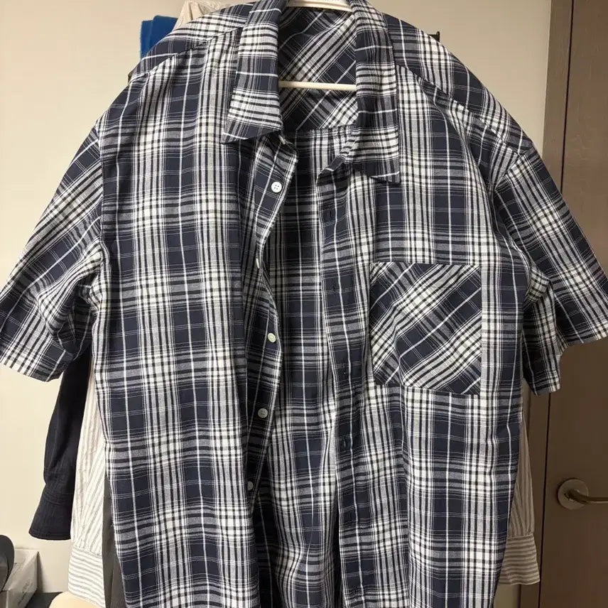 [BUNJANG] Drawfit Steven Check Half Shirt Navy / 드로우핏 스티븐 체크 하프 셔츠 네이비