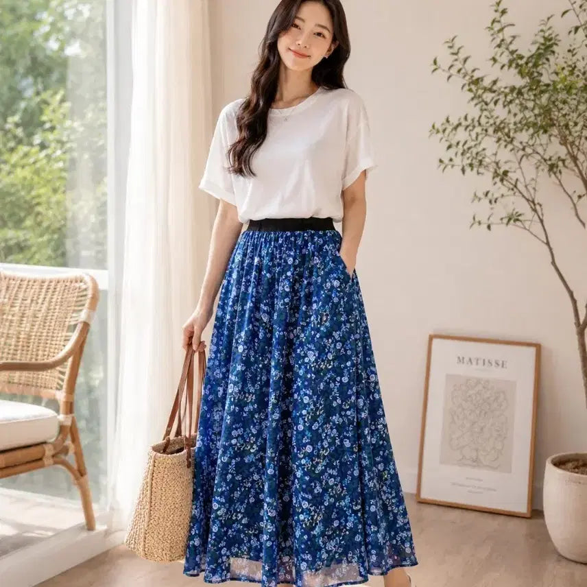 [BUNJANG] Blue Flower Pattern Long Skirt / 블루 플라워 패턴 롱 스커트